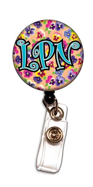 Initial This Retractable Badge Reel – Abstract Flowers – Choose a Medical Title!